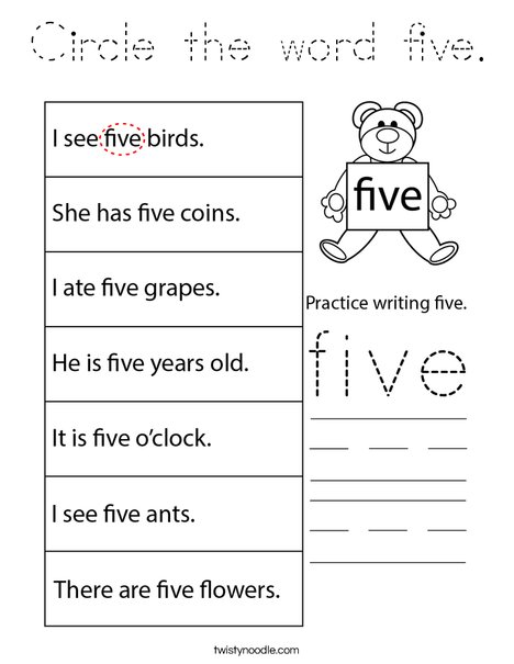 Circle the word five. Coloring Page