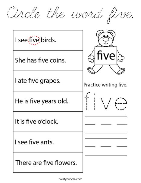 Circle the word five. Coloring Page