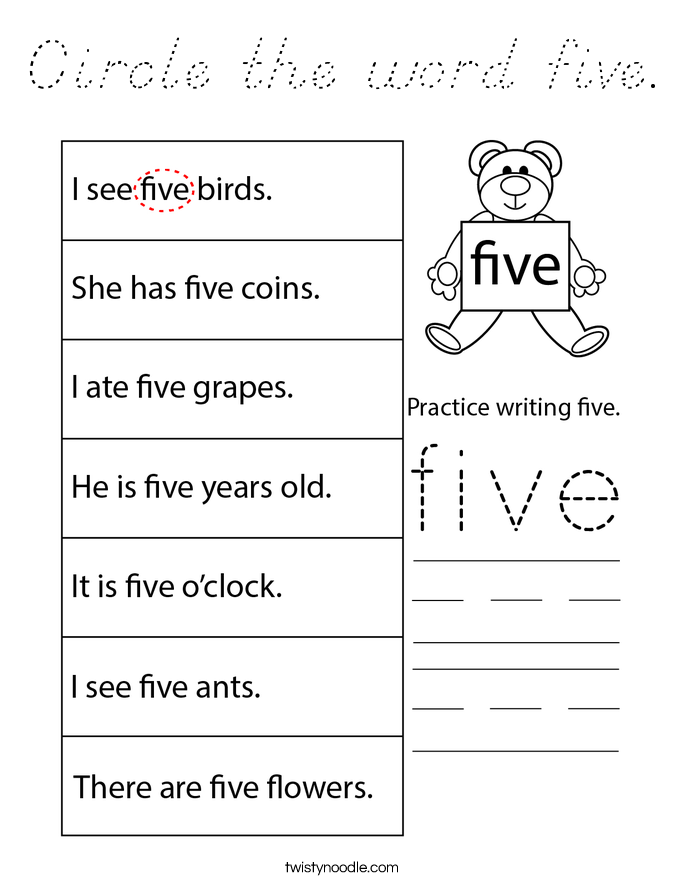 Circle the word five. Coloring Page