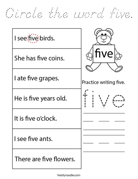 Circle the word five. Coloring Page