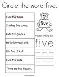 Circle the word five. Coloring Page