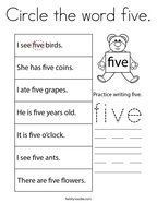 Circle the word five Coloring Page