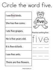 Circle the word five Coloring Page