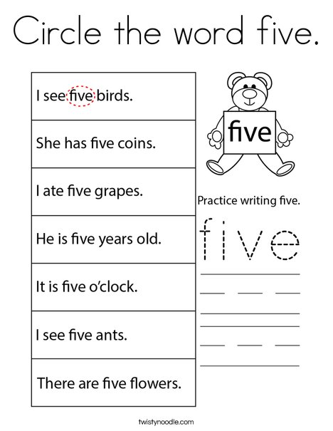 Circle the word five. Coloring Page