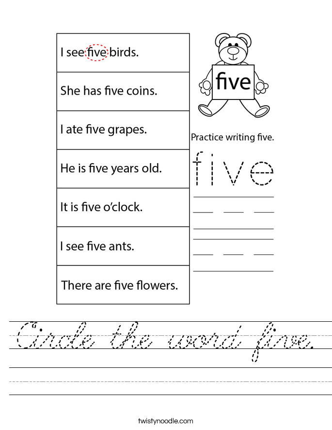 Circle the word five. Worksheet