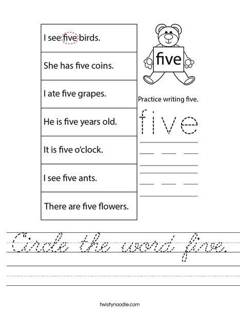Circle the word five. Worksheet
