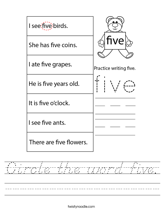Circle the word five. Worksheet