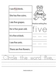 Circle the word five Handwriting Sheet