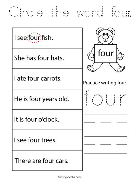 Circle the word four. Coloring Page
