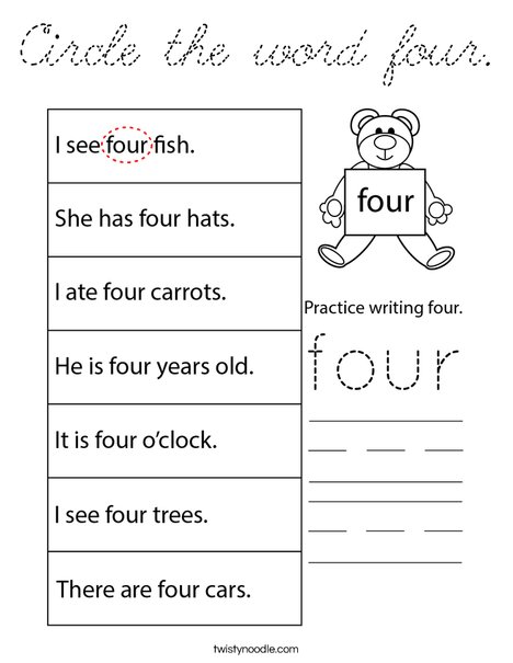 Circle the word four. Coloring Page