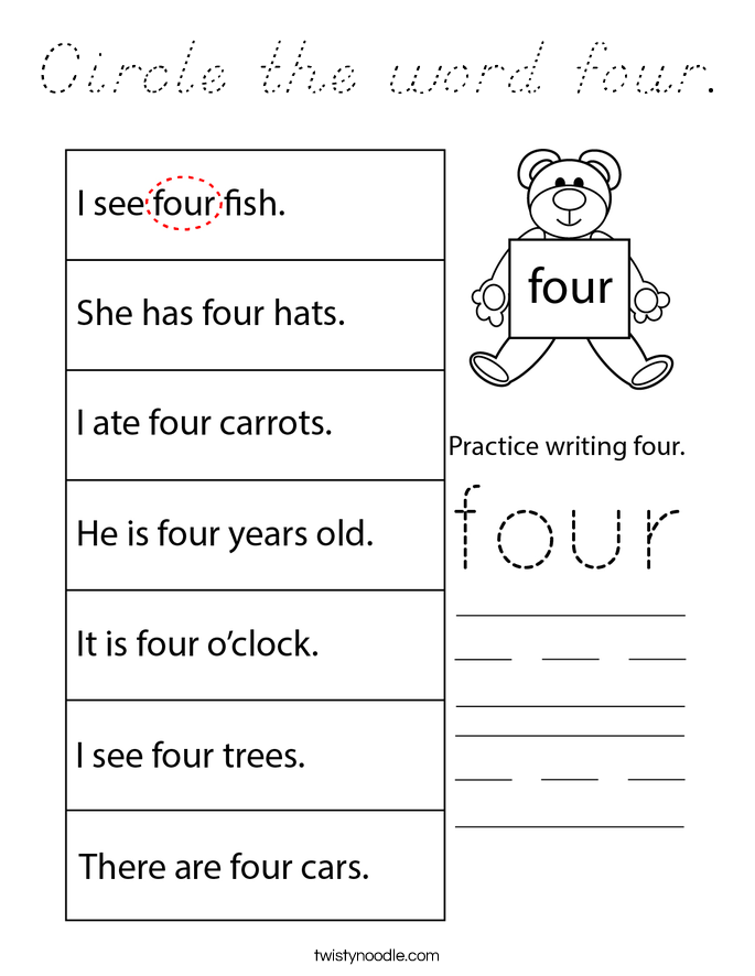 Circle the word four. Coloring Page