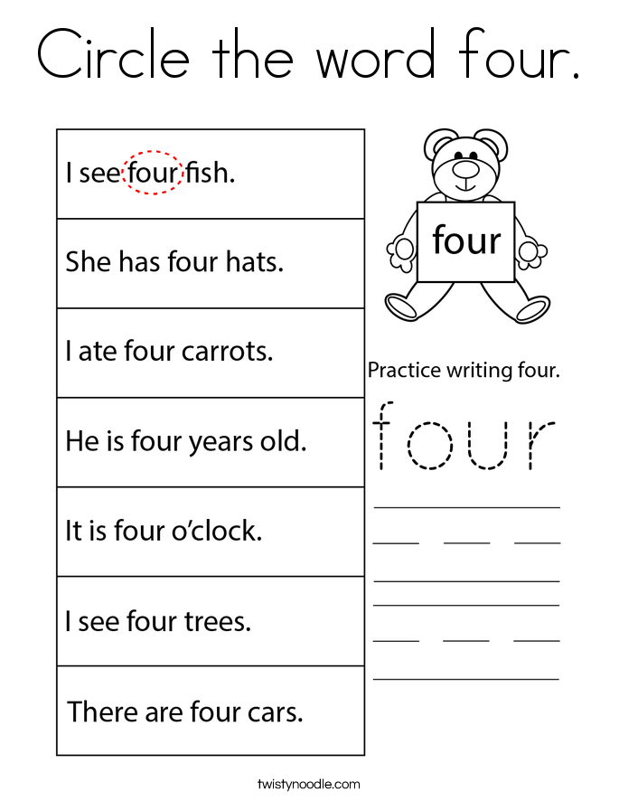 Circle the word four. Coloring Page