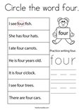 Circle the word four. Coloring Page