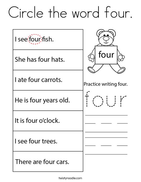 Circle the word four. Coloring Page