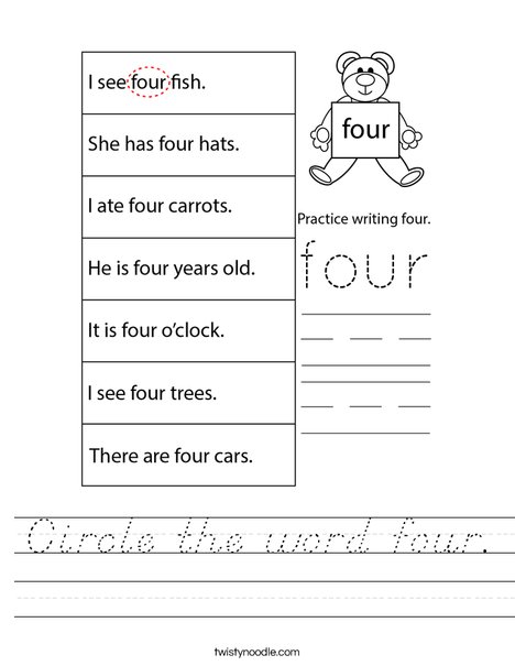 Circle the word four. Worksheet