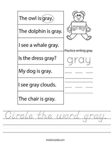 Circle the word gray. Worksheet