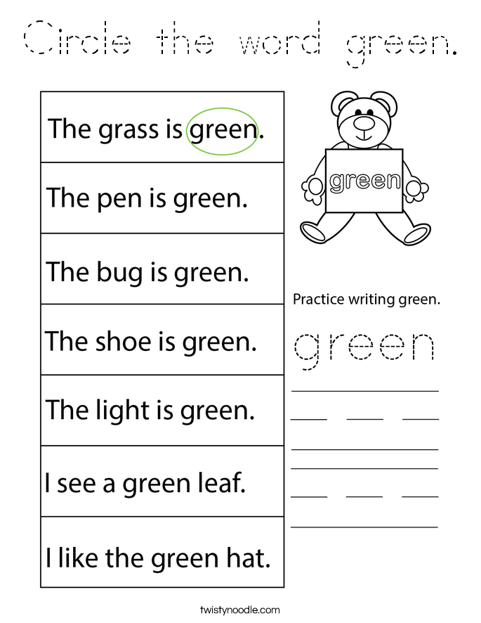 Circle the word green. Coloring Page