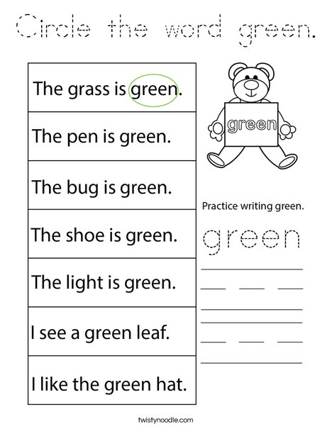 Circle the word green. Coloring Page