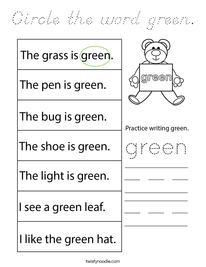 Circle the word green. Coloring Page