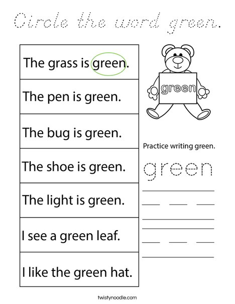 Circle the word green. Coloring Page