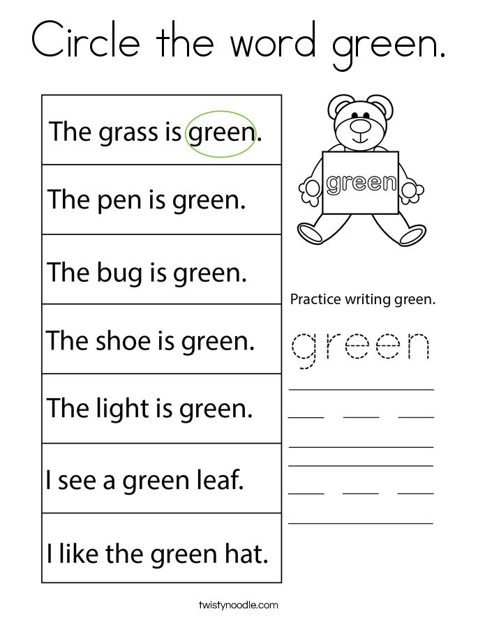 Circle the word green. Coloring Page