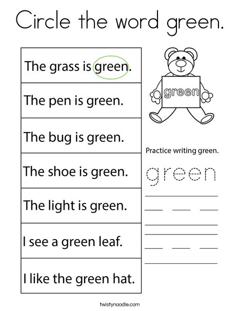 Circle the word green. Coloring Page