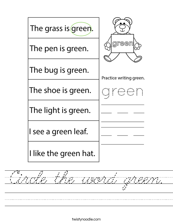 Circle the word green. Worksheet