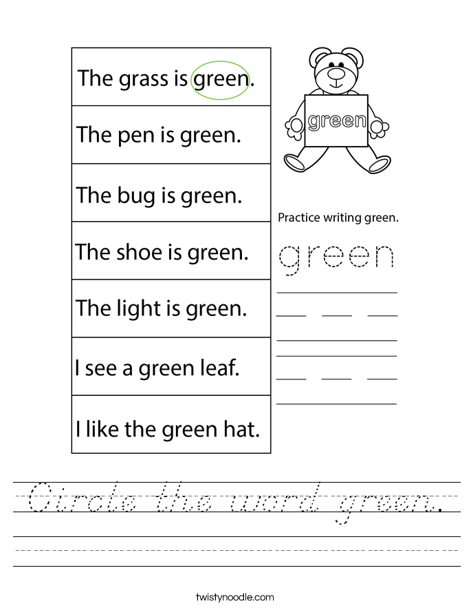 Circle the word green. Worksheet