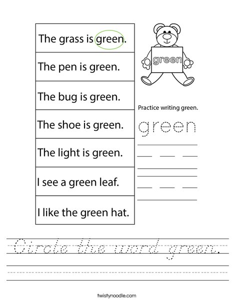 Circle the word green. Worksheet
