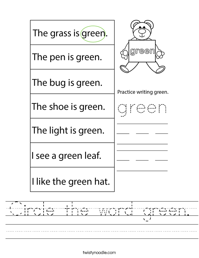 Circle the word green. Worksheet