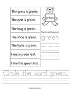 Circle the word green Handwriting Sheet