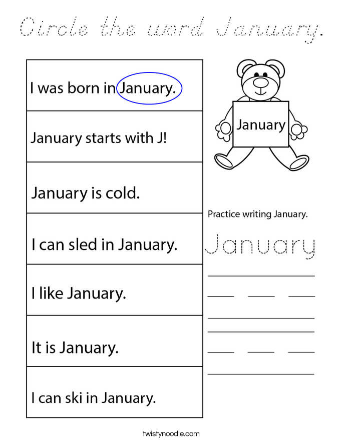 Circle the word January. Coloring Page