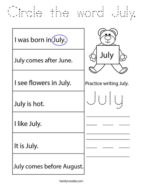 Circle the word July. Coloring Page