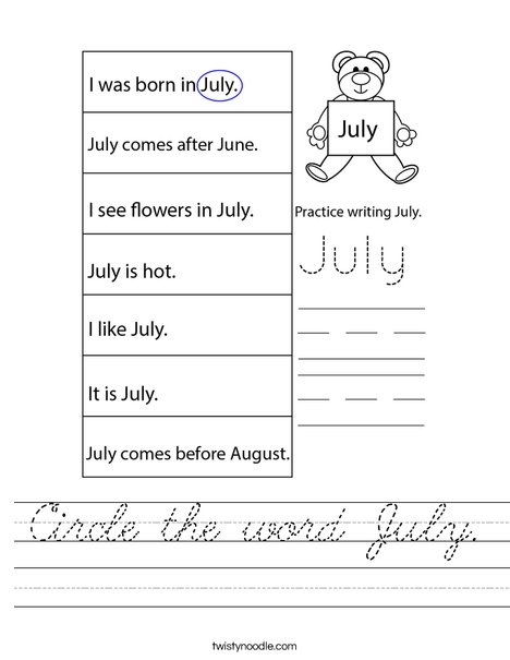 Circle the word July. Worksheet