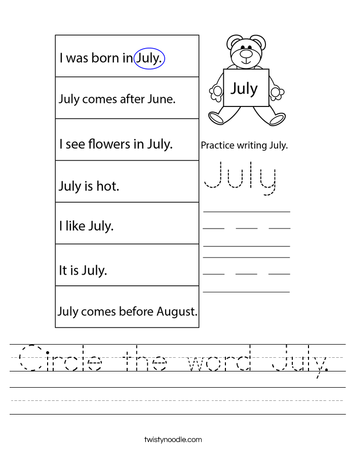 Circle the word July. Worksheet