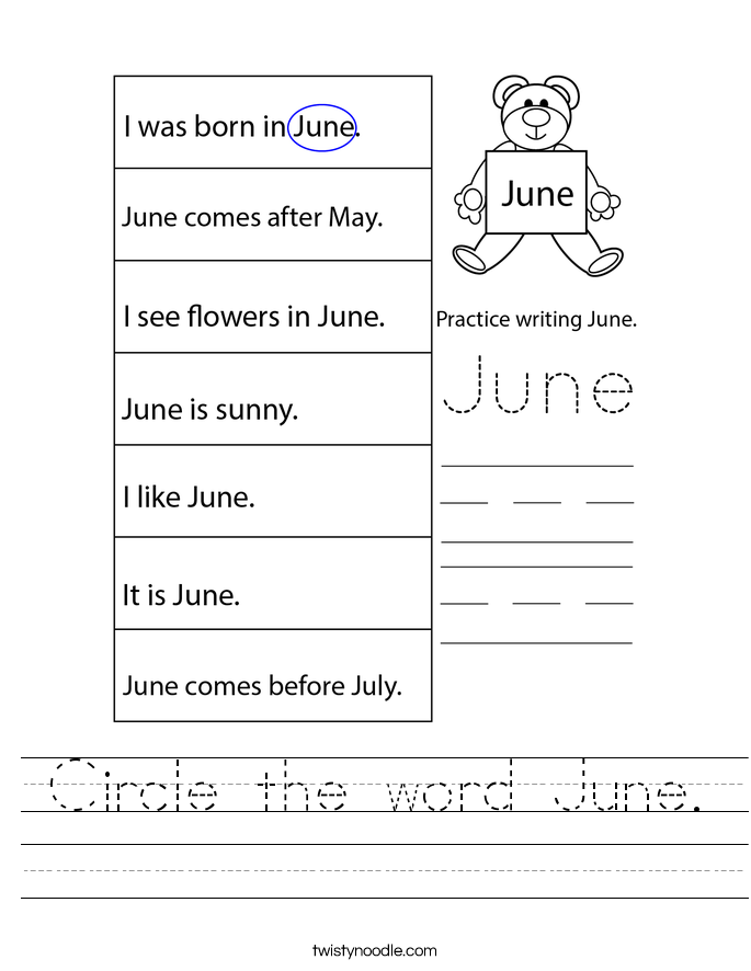 Circle the word June. Worksheet