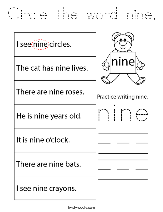 Circle the word nine. Coloring Page