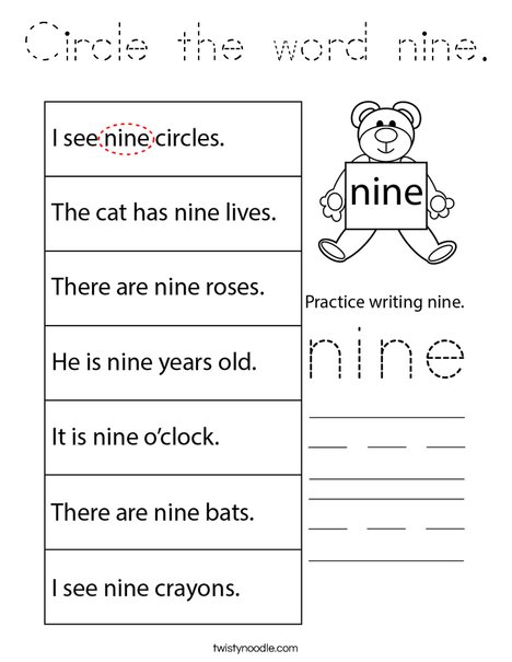 Circle the word nine. Coloring Page