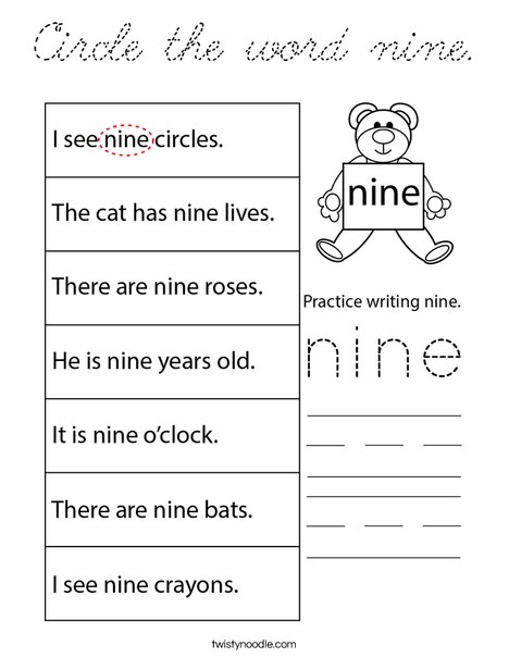 Circle the word nine. Coloring Page