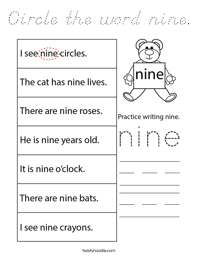 Circle the word nine. Coloring Page