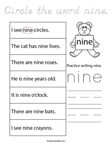 Circle the word nine. Coloring Page