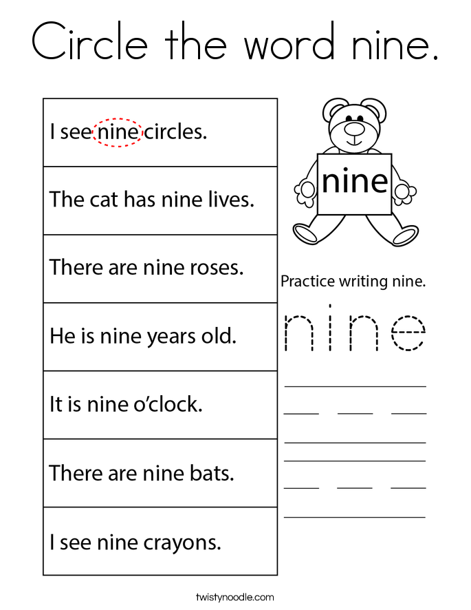 Circle the word nine. Coloring Page
