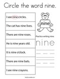 Circle the word nine. Coloring Page