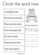 Circle the word nine Coloring Page