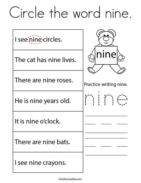 Circle the word nine. Coloring Page