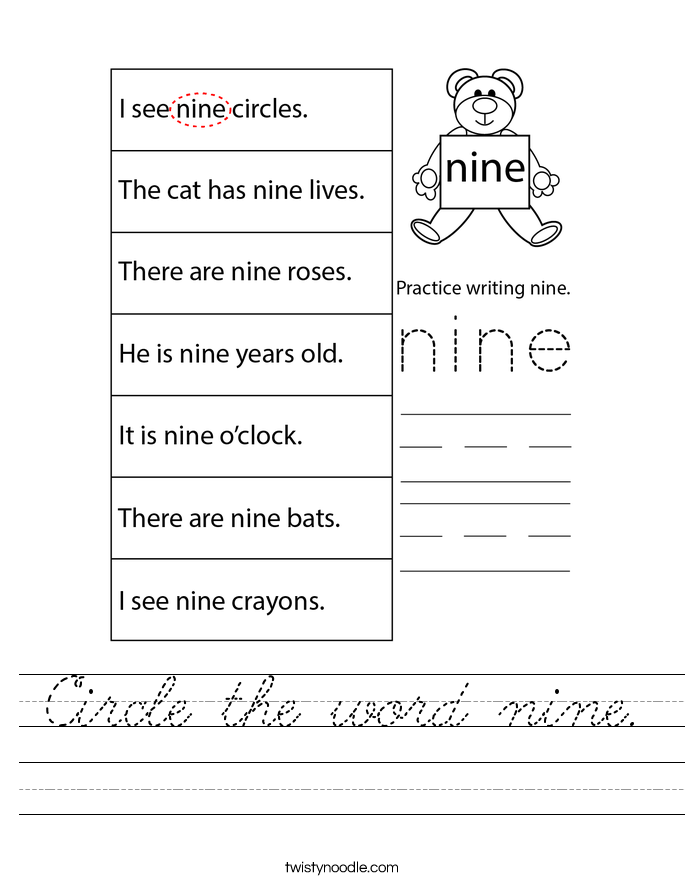 Circle the word nine. Worksheet