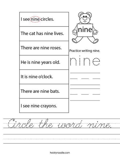 Circle the word nine. Worksheet