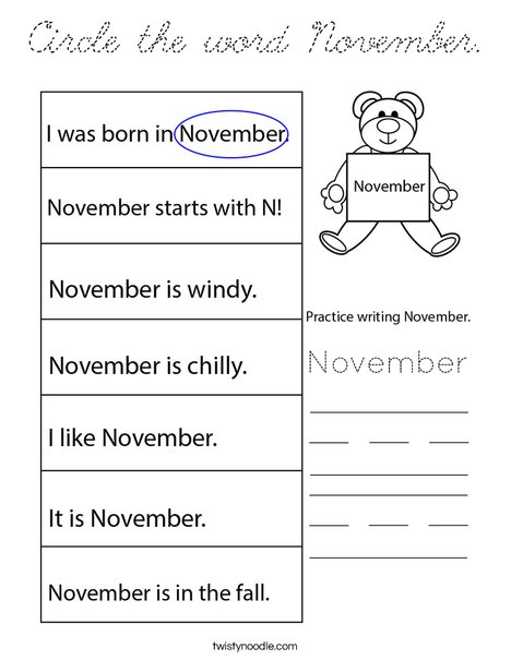 Circle the word November. Coloring Page