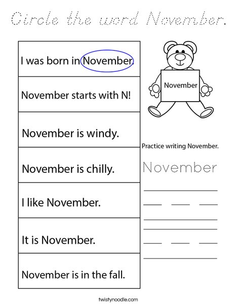 Circle the word November. Coloring Page