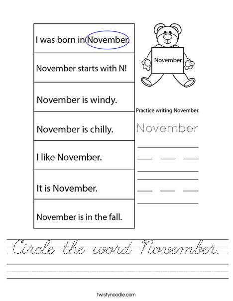 Circle the word November. Worksheet